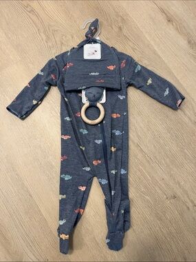 Toby 3pc set Navy Blue Baby Sleeper with Multicolor Car Print hat, and rattle